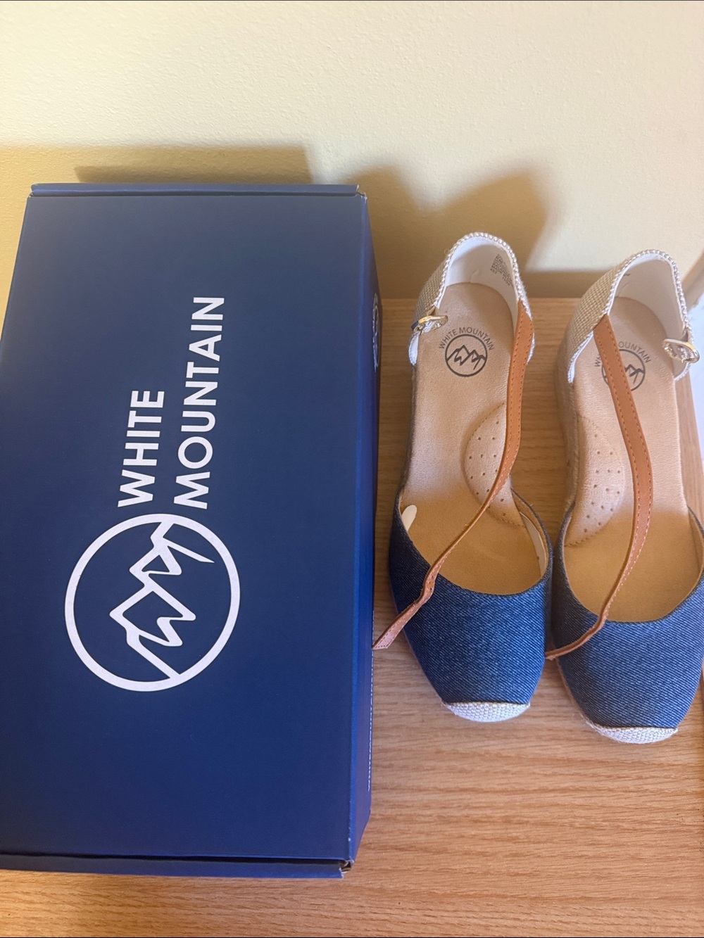 White Mountain Blue Denim Espadrille Wedge with Tan Strap